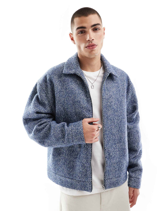 Oversized Wool Look Harrington Jacket With Herringbone