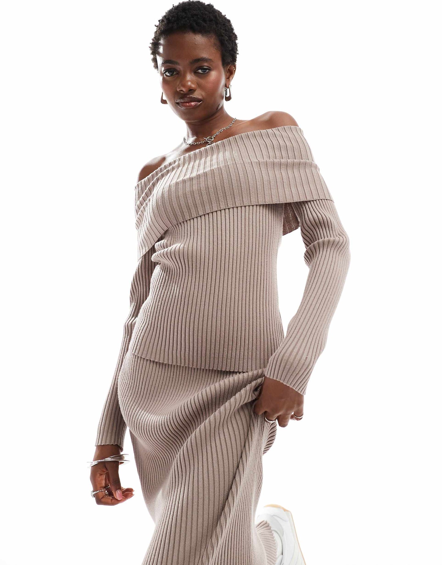 Off Shoulder Rib Knit Jumper