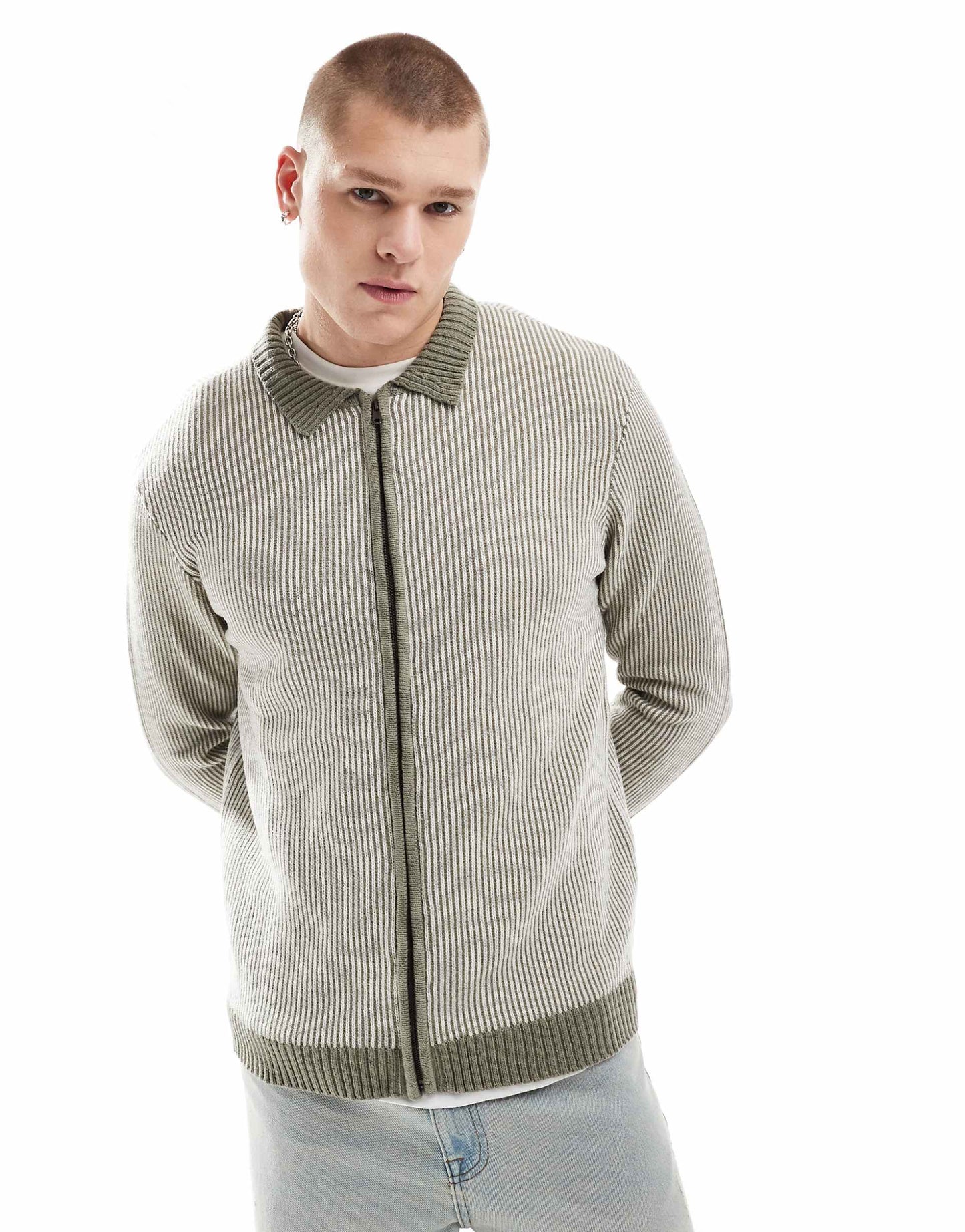 Textured Pinstripe Zip Through Cardigan
