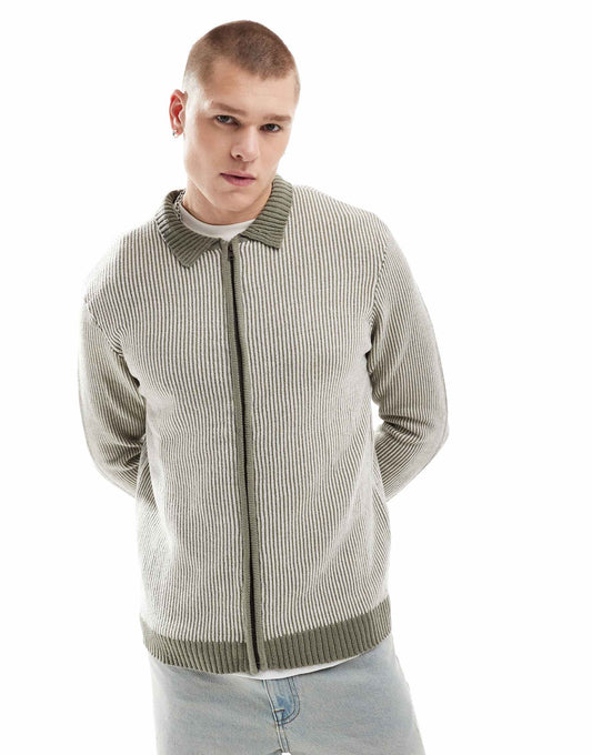 Textured Pinstripe Zip Through Cardigan