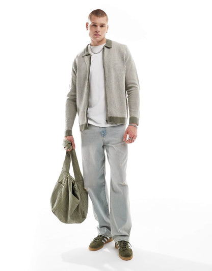 Textured Pinstripe Zip Through Cardigan
