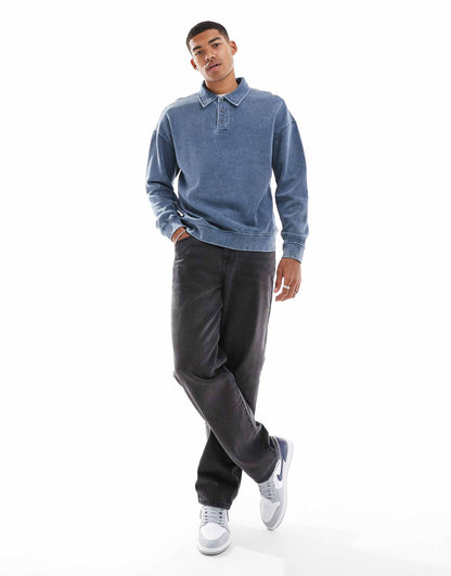 Drop Shoulder Acid Wash Polo Shirt