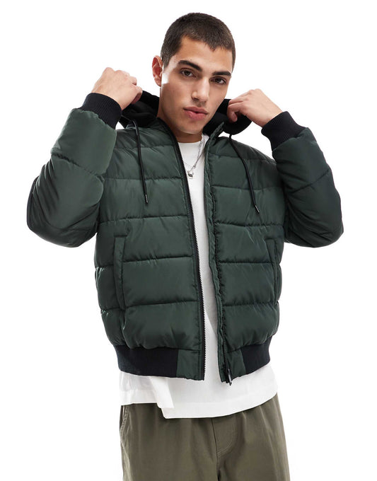 Contrast Hood Quilted Bomber Jacket