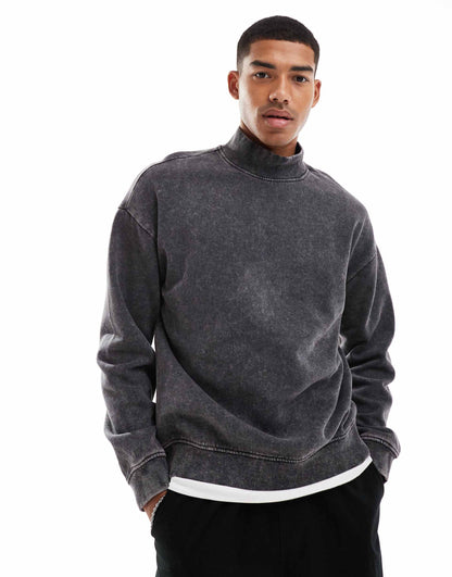 Acid Wash High Neck Crewneck Top