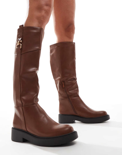 Knee High Buckle Flat Riding Boot