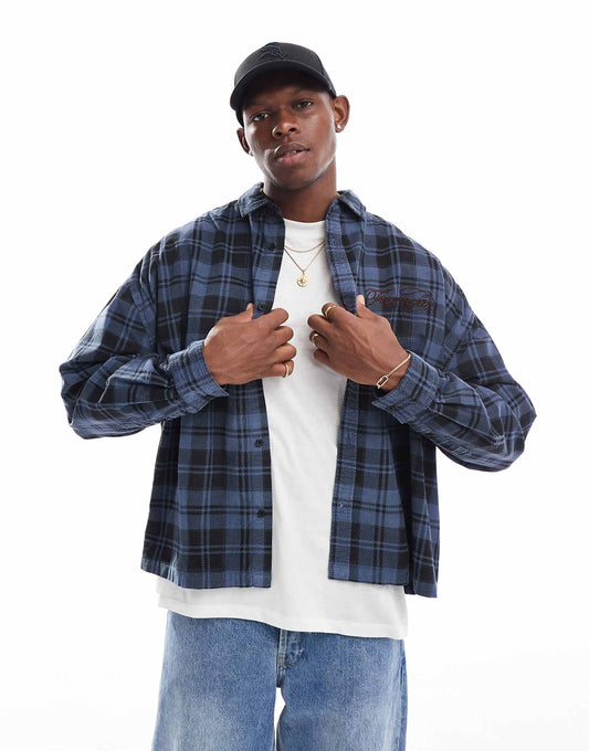 Boxy Volume Oversized Cord Check Shirt With Chest Embroidery