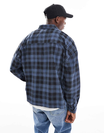 Boxy Volume Oversized Cord Check Shirt With Chest Embroidery