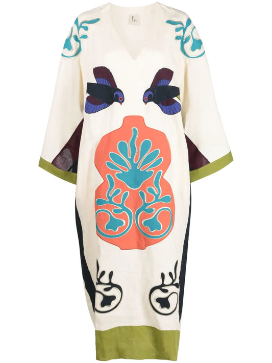 Appliqué Linen Mid-Length Dress