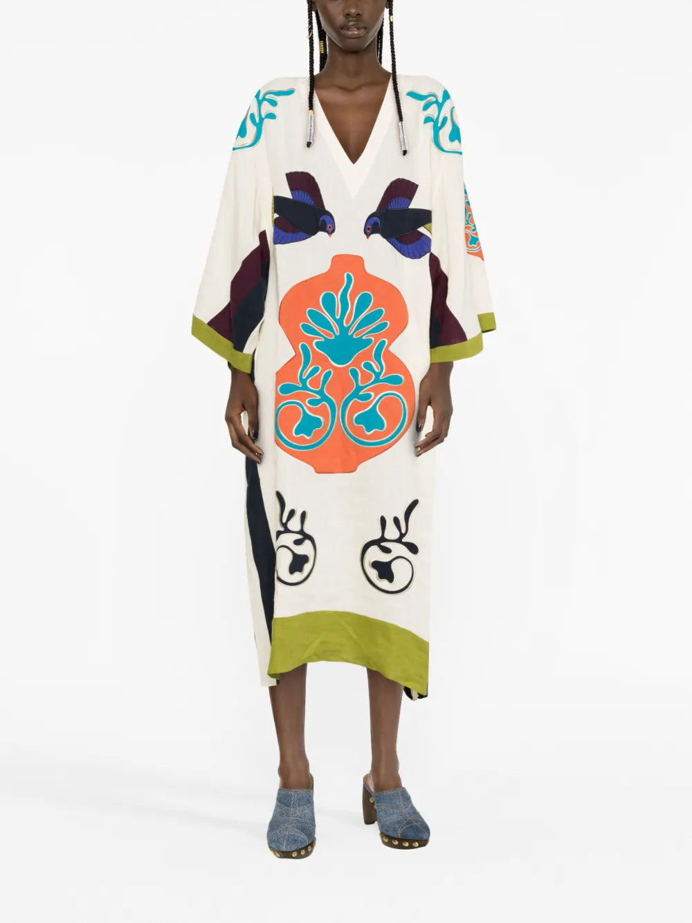 Appliqué Linen Mid-Length Dress