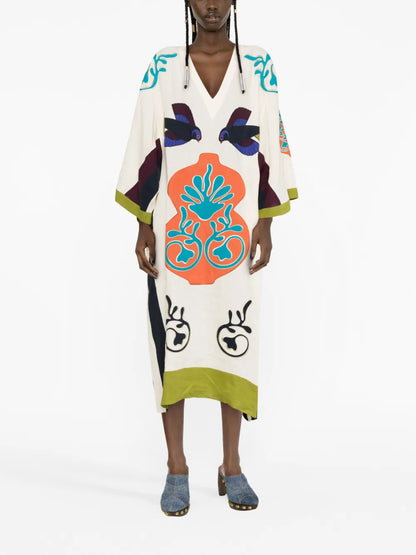 Appliqué Linen Mid-Length Dress