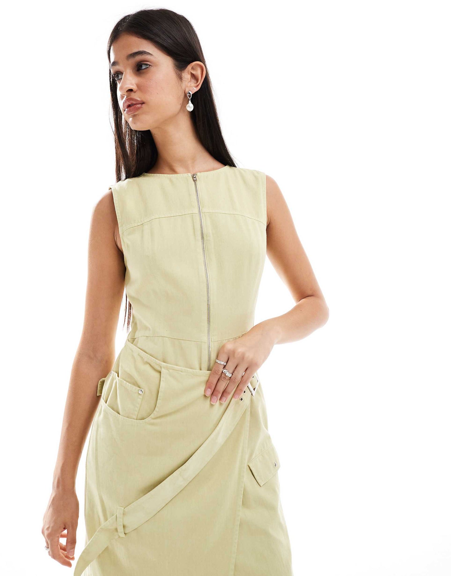 Twill Split Hem Midi Dress With Buckle