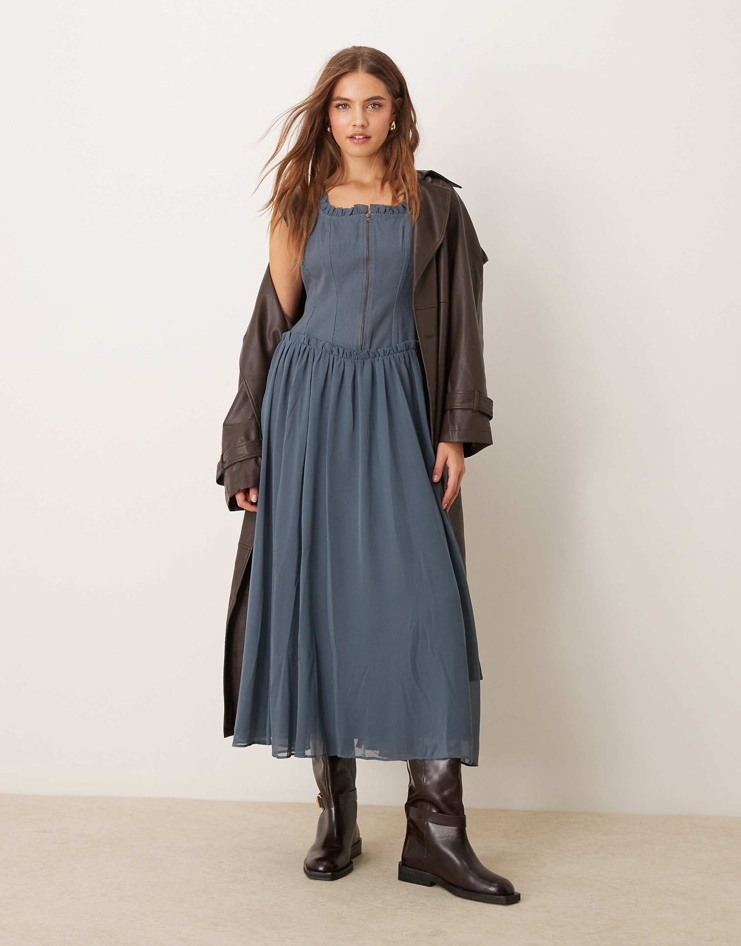 Zip Through Twill Bodice Midi Dress