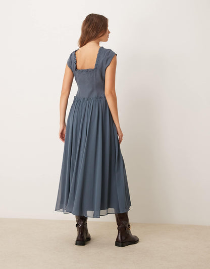 Zip Through Twill Bodice Midi Dress