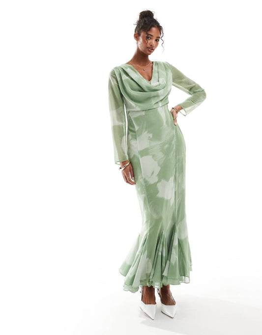 Cowl Neck Maxi Dress With Godet Hem