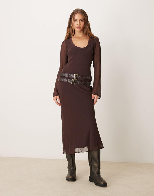 Scoop Rib Neck Midi Dress With Double Belt