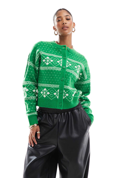 Crew Neck Cardigan With Fairisle Pattern