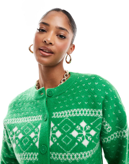 Crew Neck Cardigan With Fairisle Pattern