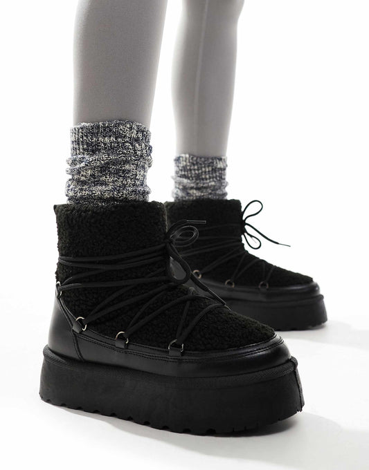 Borg Lace Up Platform Mini Boot