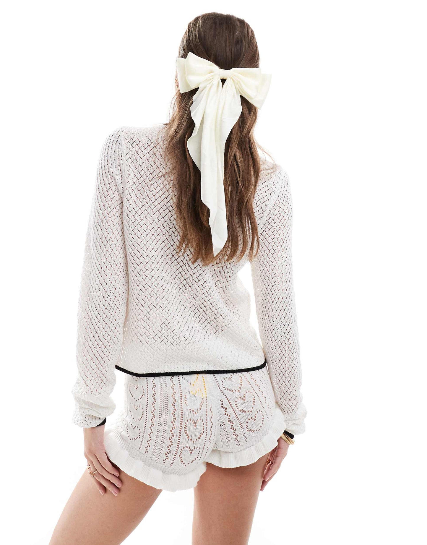 Knitted Pointelle Stitch Cardigan With Tipping Detail