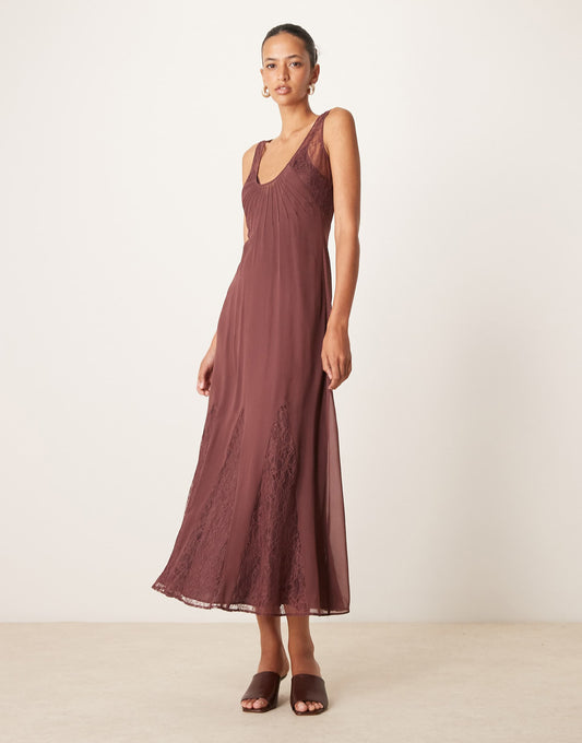 Lace And Chiffon Midi Dress With Godets