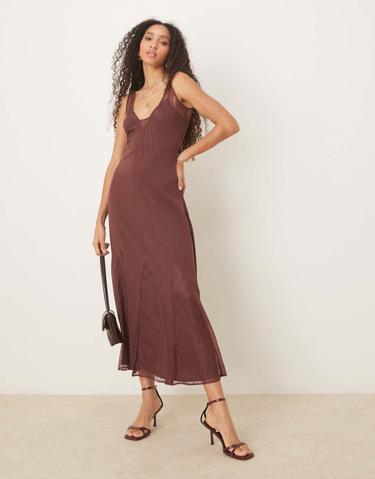 Lace And Chiffon Midi Dress With Godets