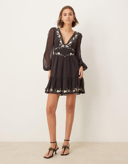 Embroidered Long Sleeve Plunge Tiered Mini Dress