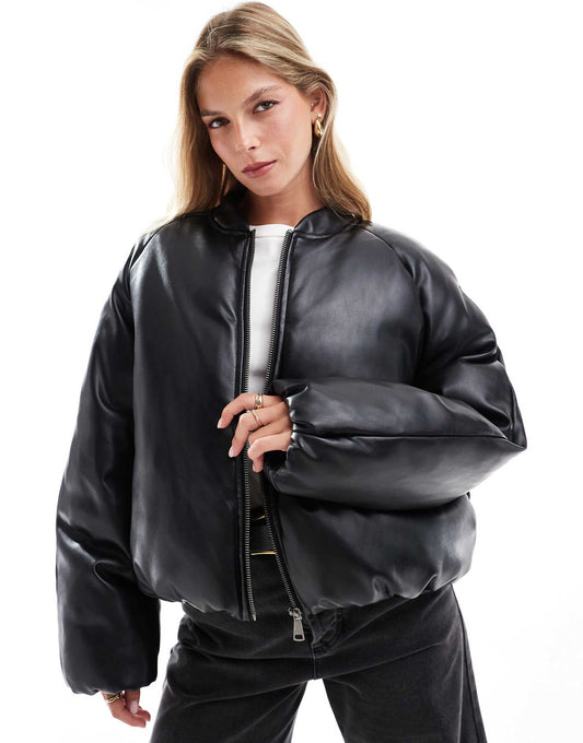 Leather Look Padded Bomber Jacket With Bubble Hem