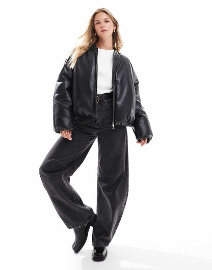 Leather Look Padded Bomber Jacket With Bubble Hem