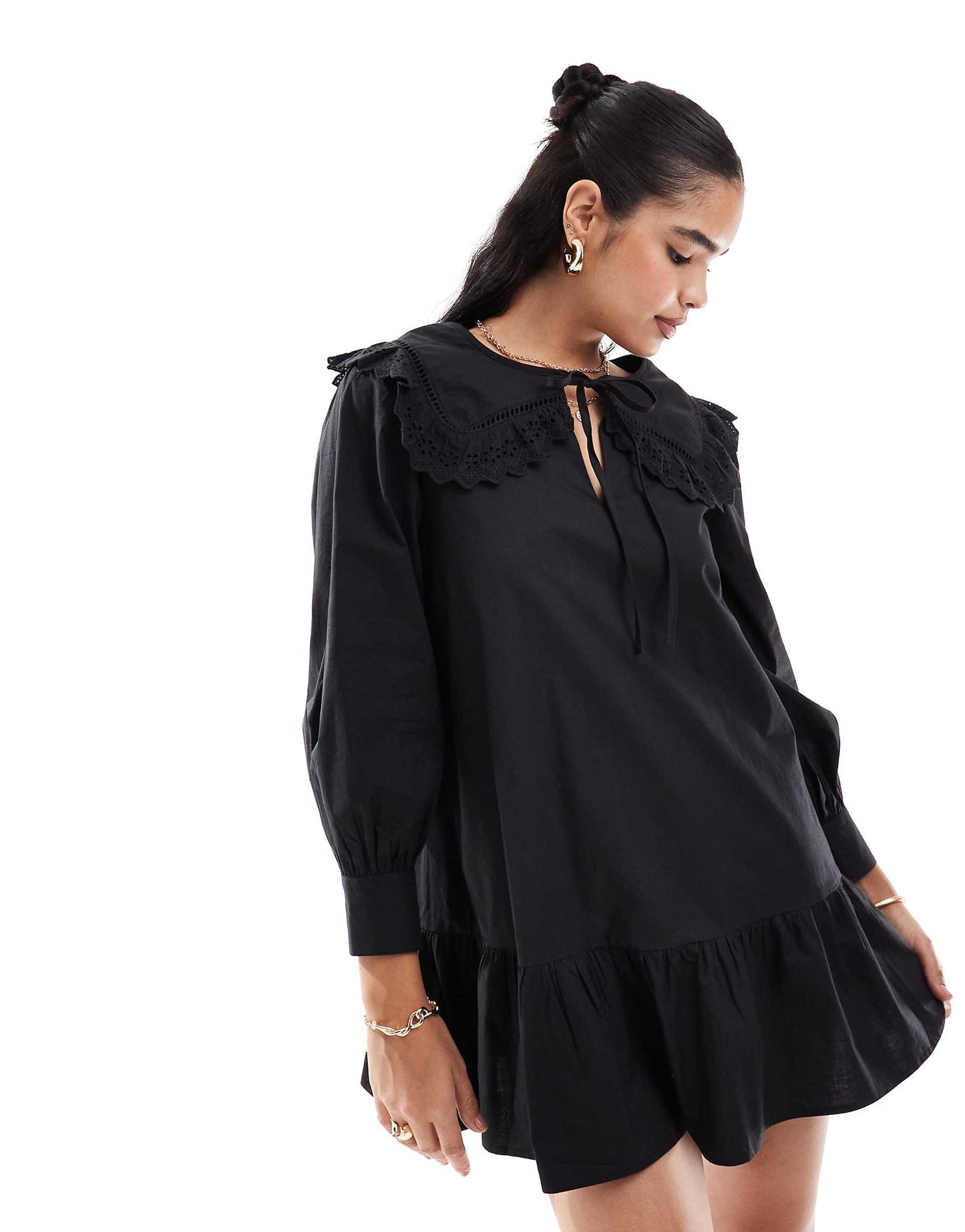 Poplin Broderie Collar Mini Smock Dress