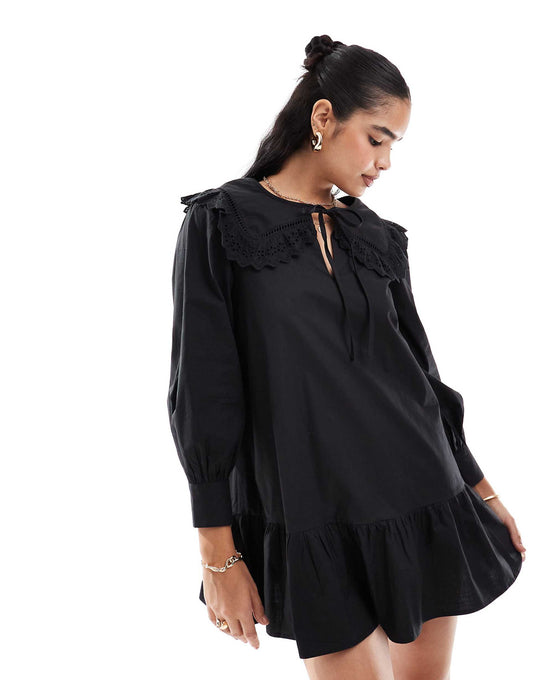 Poplin Broderie Collar Mini Smock Dress
