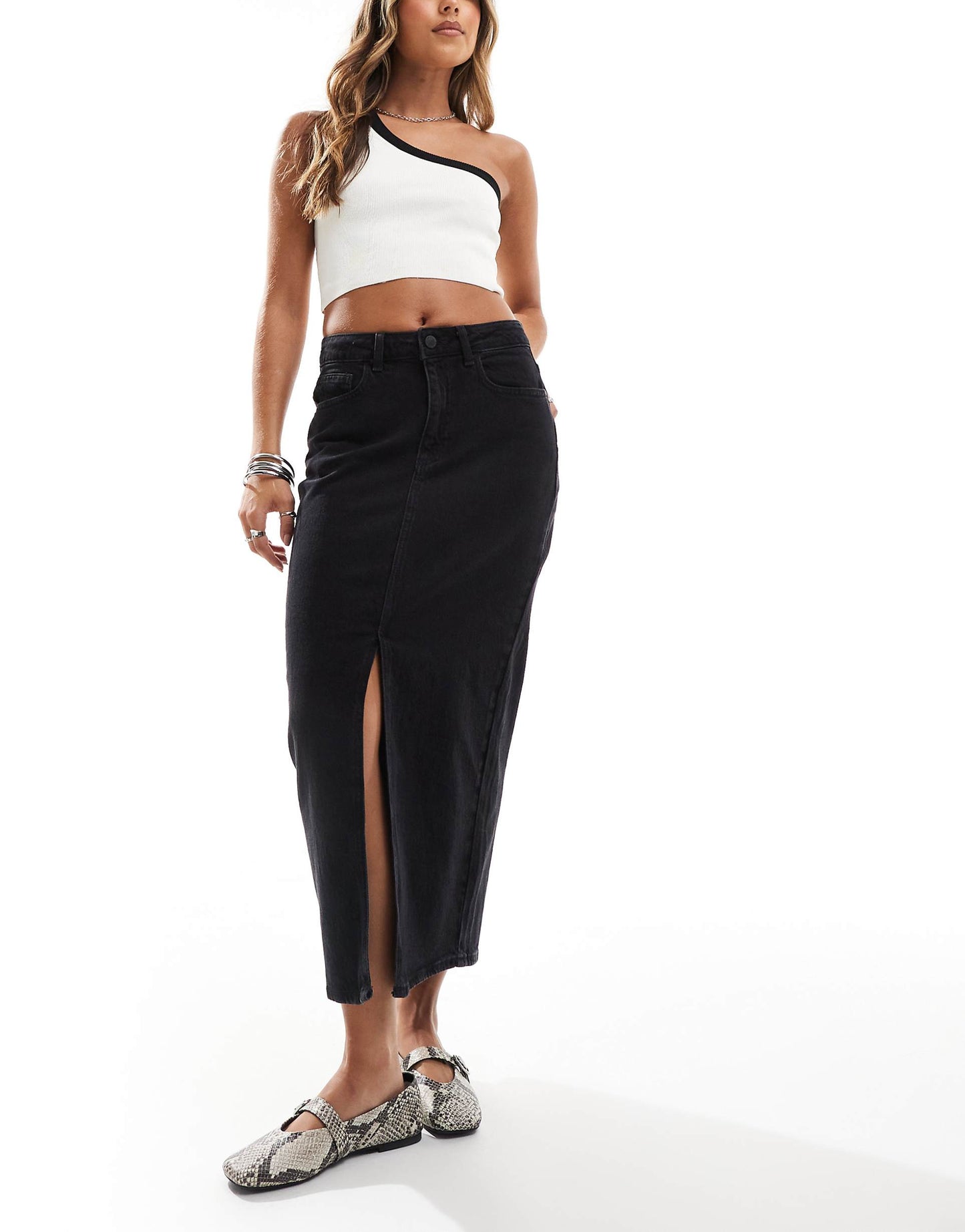 High Waisted Denim Front Split Midi Skirt