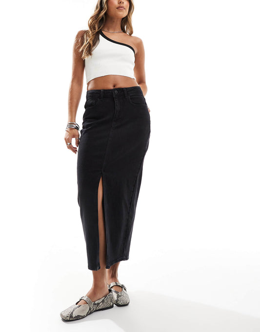 High Waisted Denim Front Split Midi Skirt