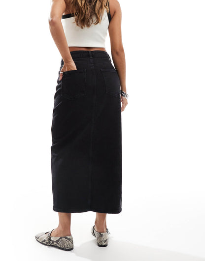 High Waisted Denim Front Split Midi Skirt
