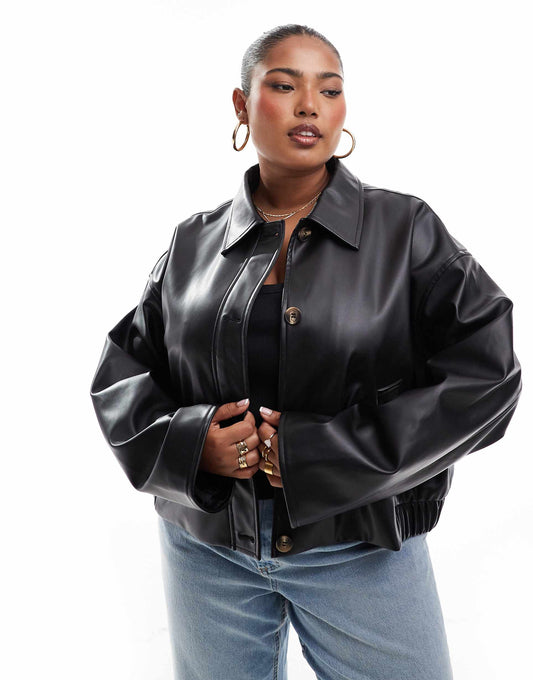 Curve Leather Look Button Through Jacket