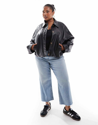 Curve Leather Look Button Through Jacket