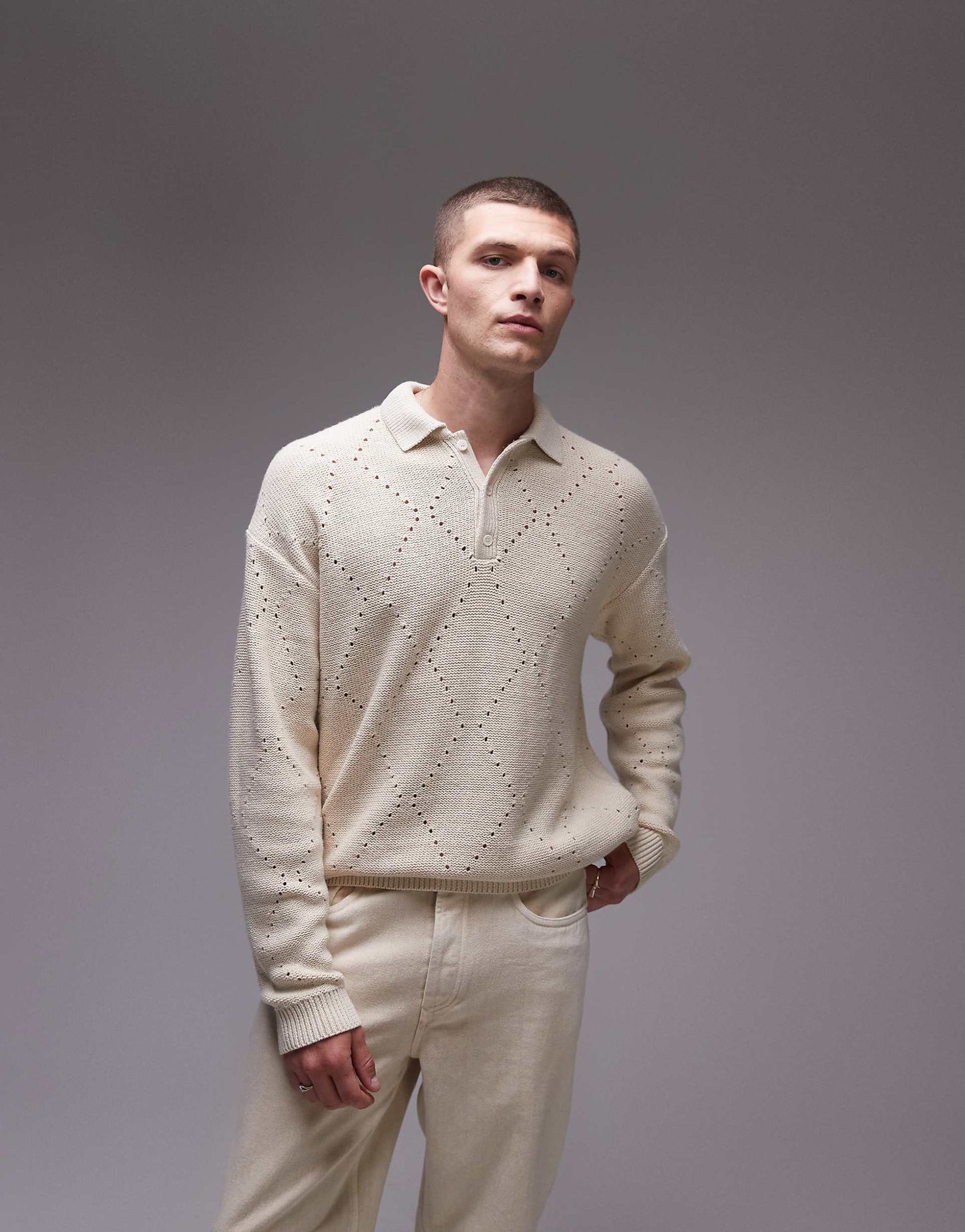 Oversized Diamond Pointelle Knitted Polo