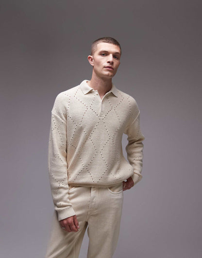 Oversized Diamond Pointelle Knitted Polo