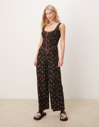 Lace Trim Button Through Wide Leg Spun Jumpsuit