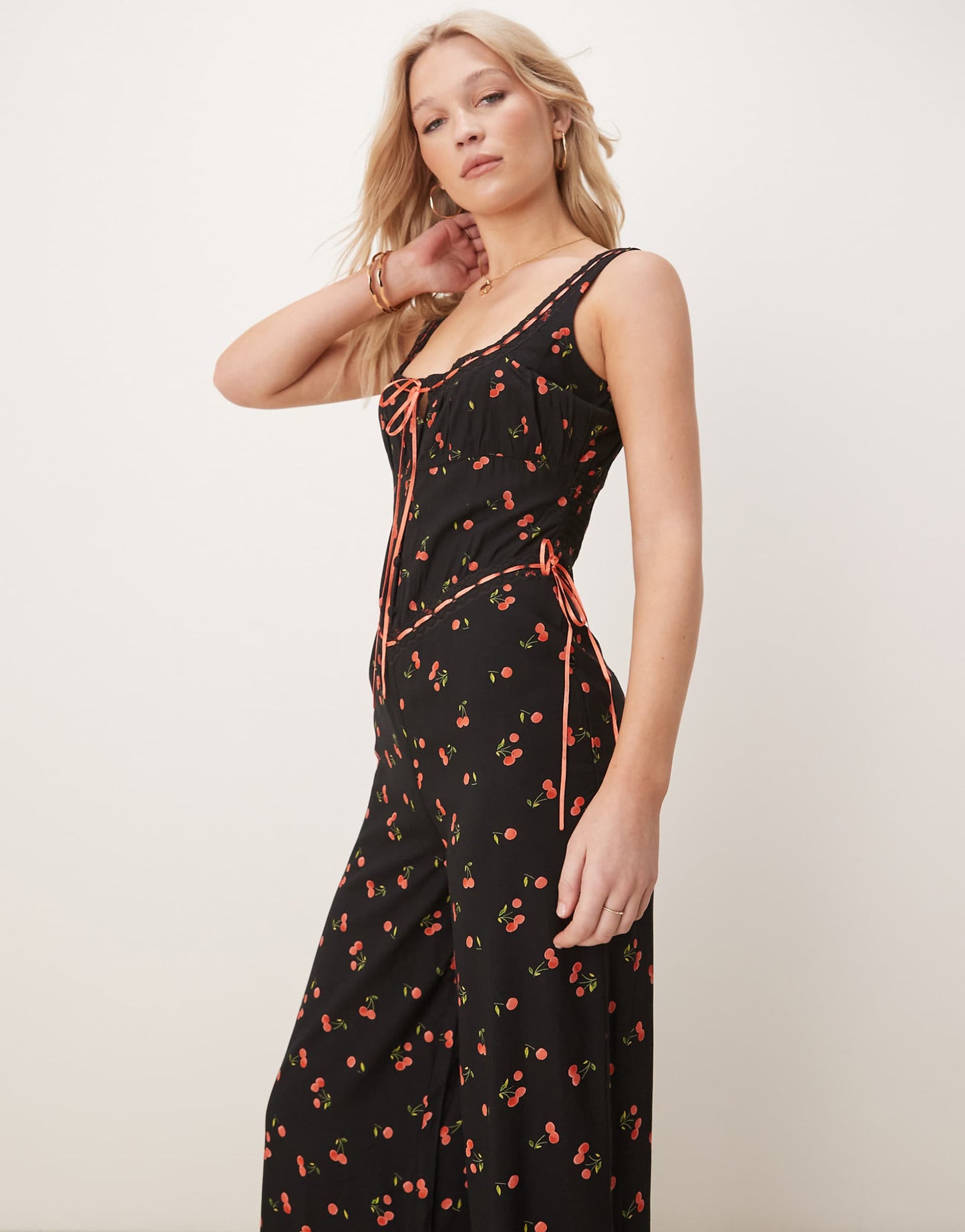 Lace Trim Button Through Wide Leg Spun Jumpsuit