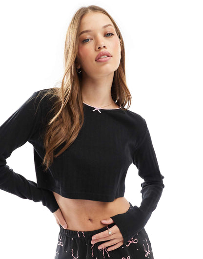 Bow Print Pointelle Long Sleeve Pyjama Set