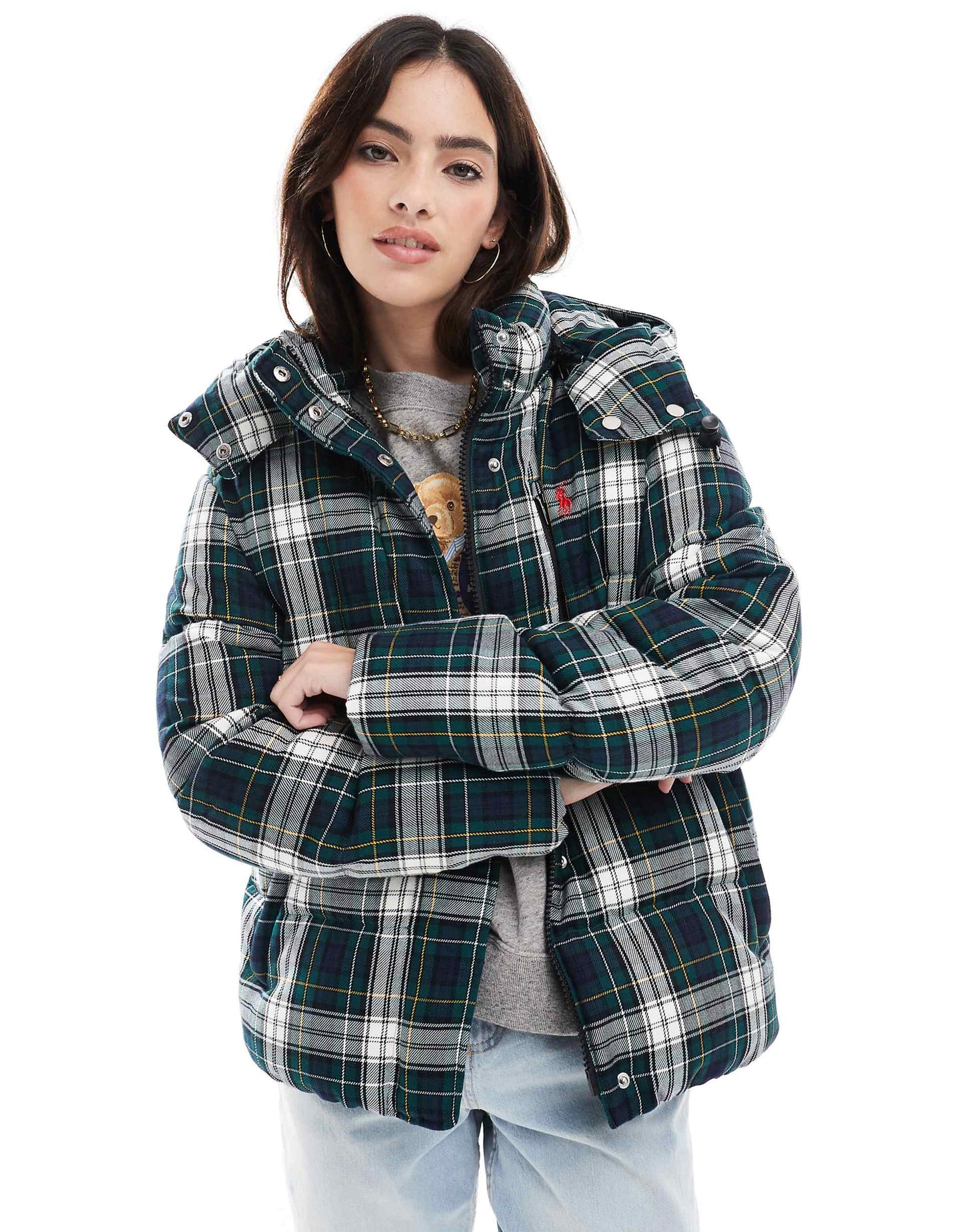 Country Plaid Puffer Jacket With Logo