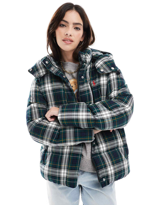 Country Plaid Puffer Jacket With Logo