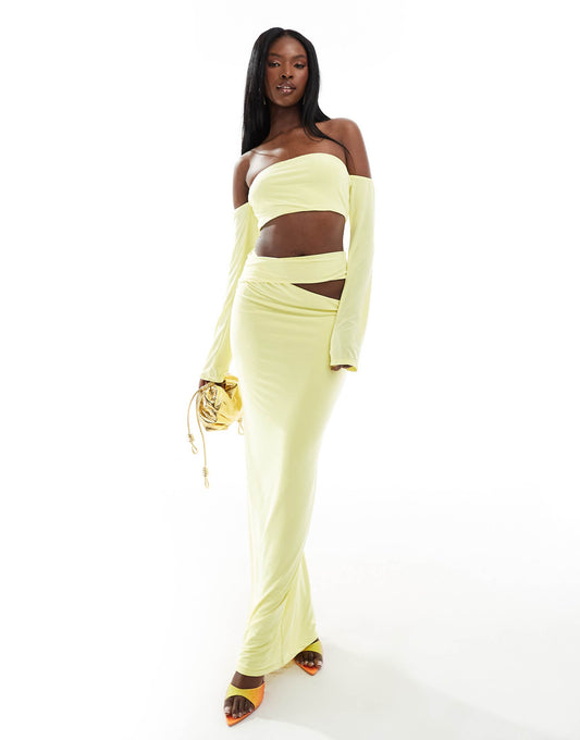 Long Sleeve Bardot Maxi Dress With Side Cut Out Detail