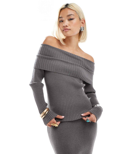 Off Shoulder Rib Knit Jumper