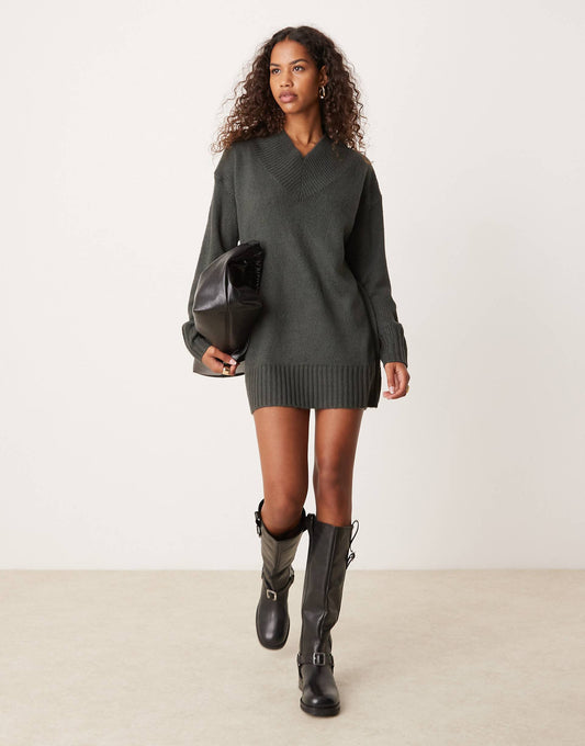 Rib V Neck Slouchy Jumper Dress