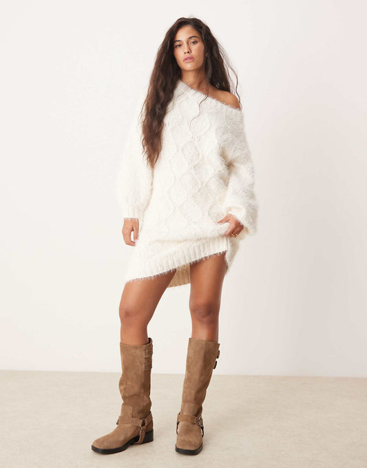 Fluffy Argyle Cream Knitted Mini Jumper Dress
