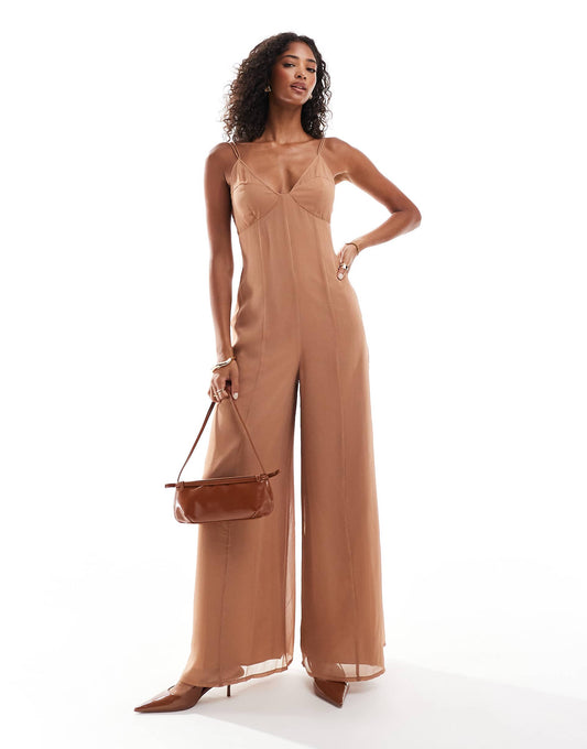 V Neck Sheer Panel Chiffon Jumpsuit