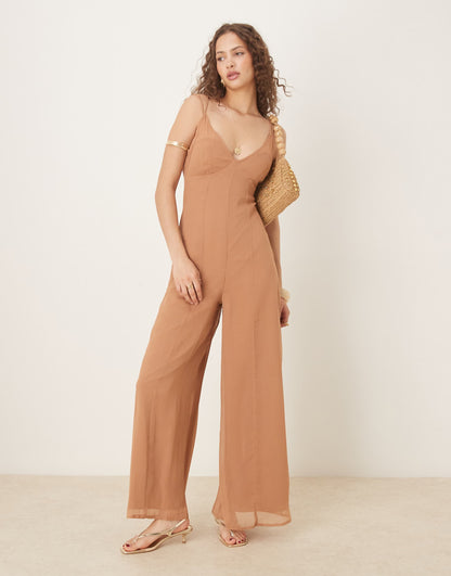 V Neck Sheer Panel Chiffon Jumpsuit