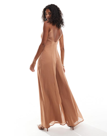 V Neck Sheer Panel Chiffon Jumpsuit