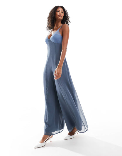 V Neck Sheer Panel Chiffon Jumpsuit